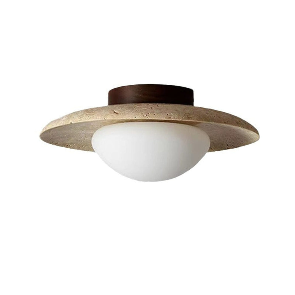 Modern Travertine and Wood Semi-Flush Ceiling Light With Warm LED Glow
