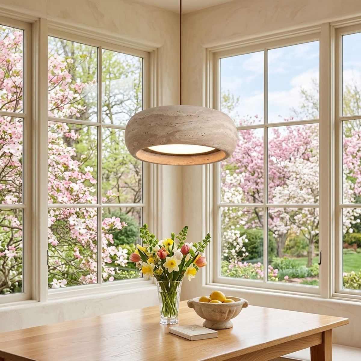 Modern Travertine Stone Pendant Light With Dimmable Remote Control