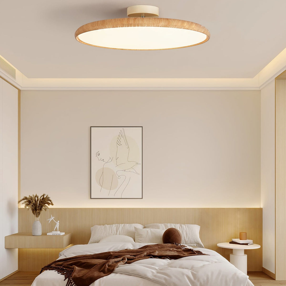 Scandinavian Wood-Effect Flush Mount Ceiling Light With Tri-Color Glow