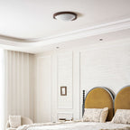 Modern Wood-Effect Fabric Flush Mount Ceiling Light With Tri-Color Glow