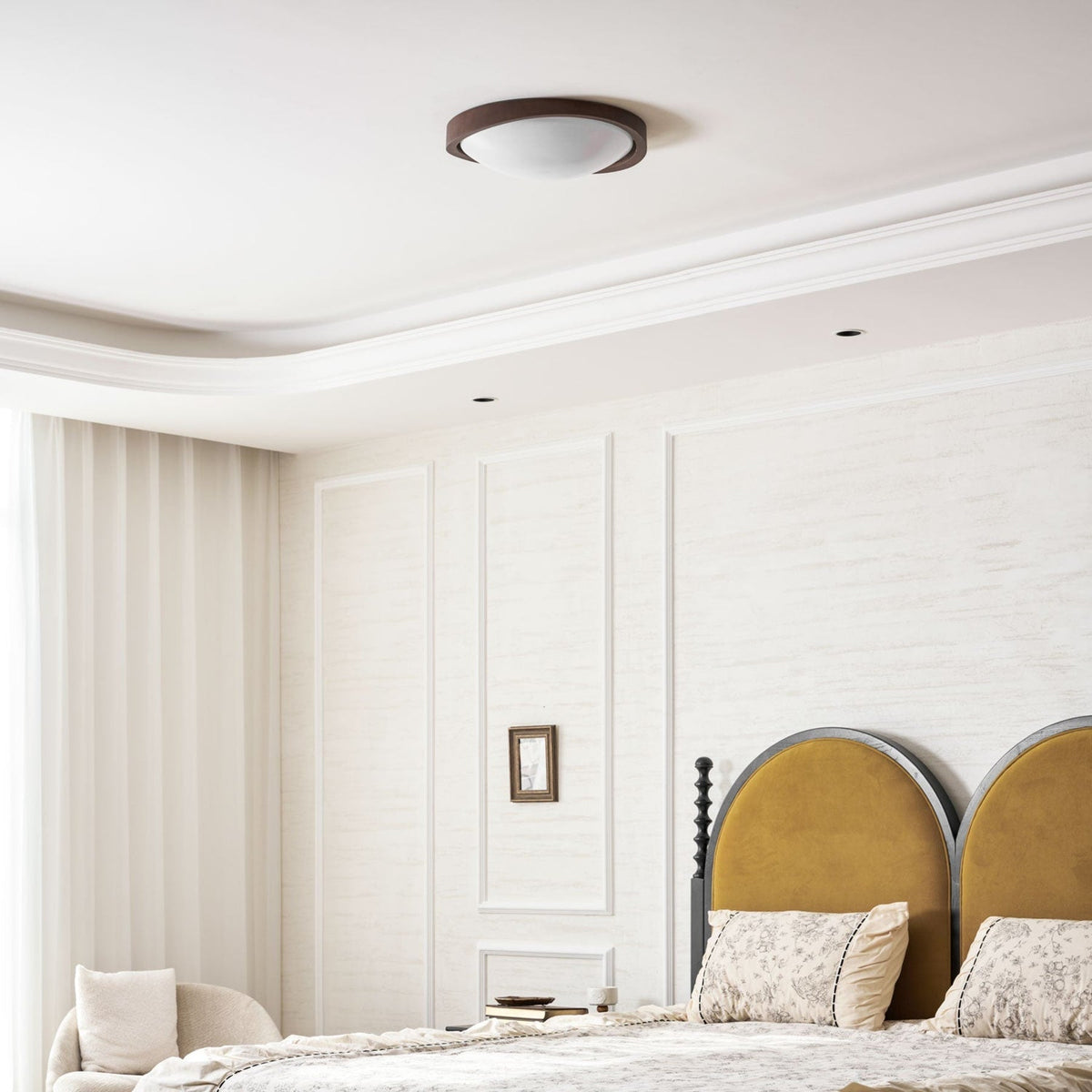 Modern Wood-Effect Fabric Flush Mount Ceiling Light With Tri-Color Glow