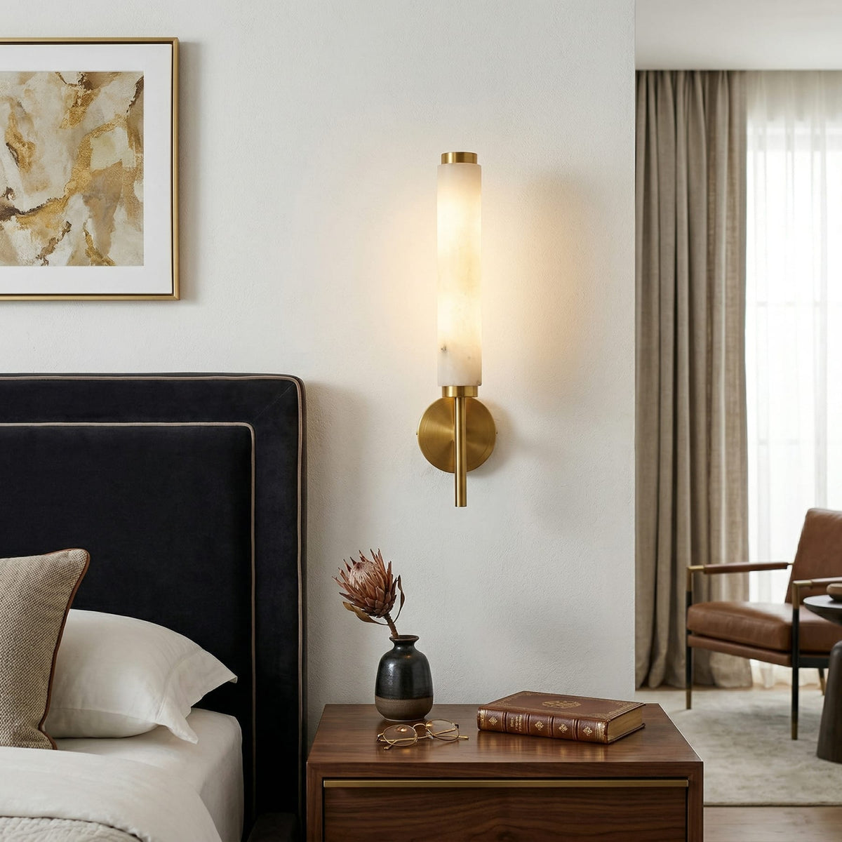 Modern Metal and Faux Alabaster Wall Sconce for Living Room