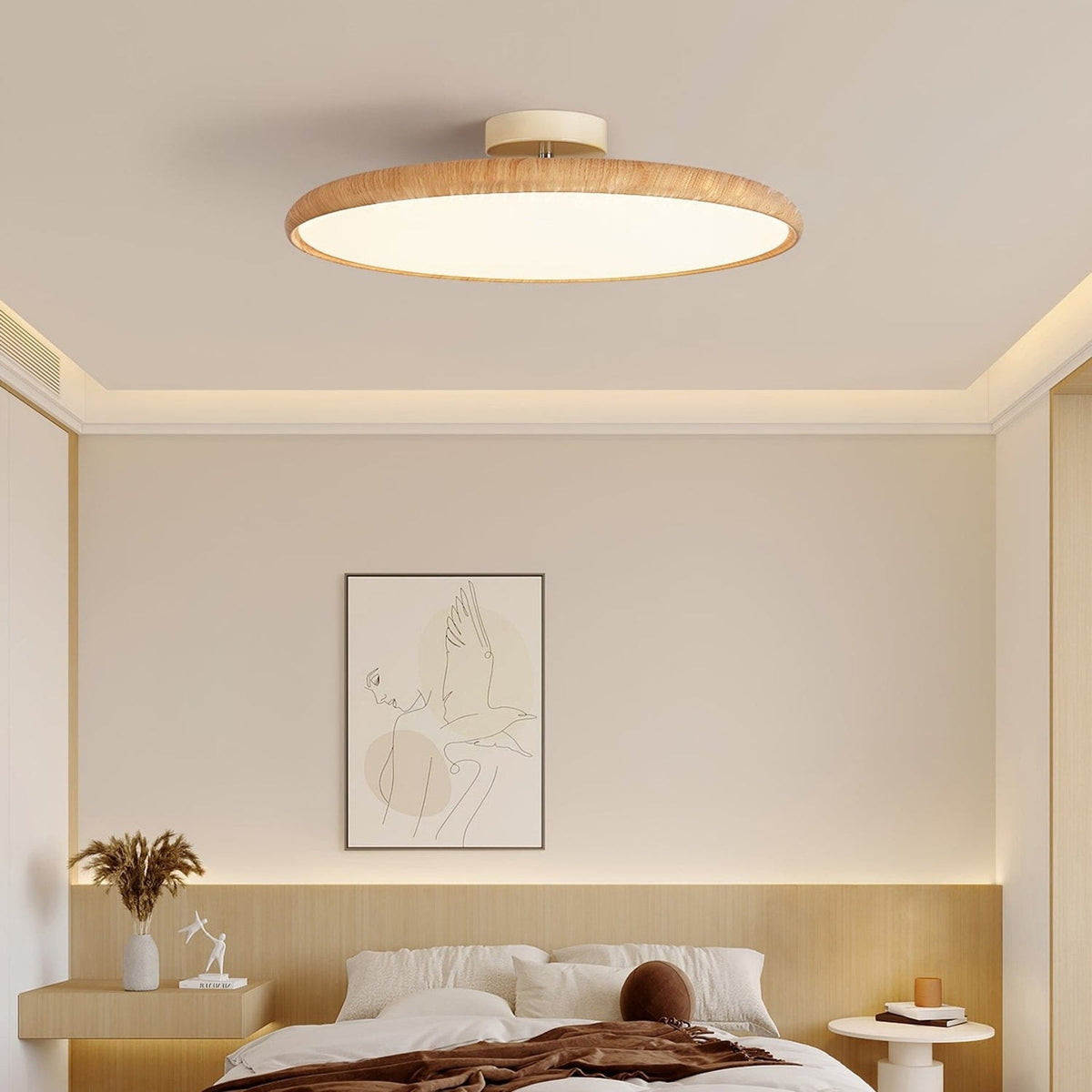 Scandinavian Wood-Effect Flush Mount Ceiling Light With Tri-Color Glow