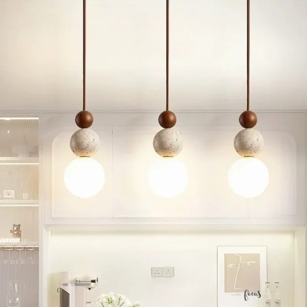 Minimalist Travertine and Wood Pendant Light for Dining Rooms