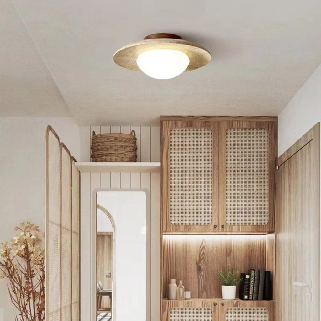 Modern Travertine and Wood Semi-Flush Ceiling Light With Warm LED Glow