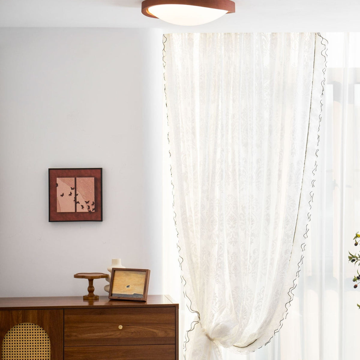 Modern Wood-Effect Fabric Flush Mount Ceiling Light With Tri-Color Glow