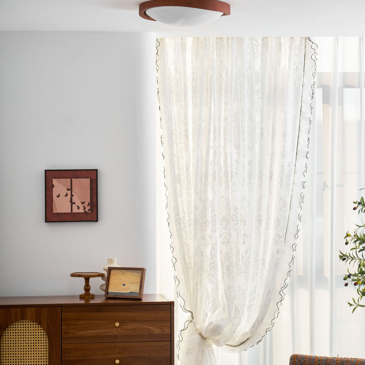 Modern Wood-Effect Fabric Flush Mount Ceiling Light With Tri-Color Glow