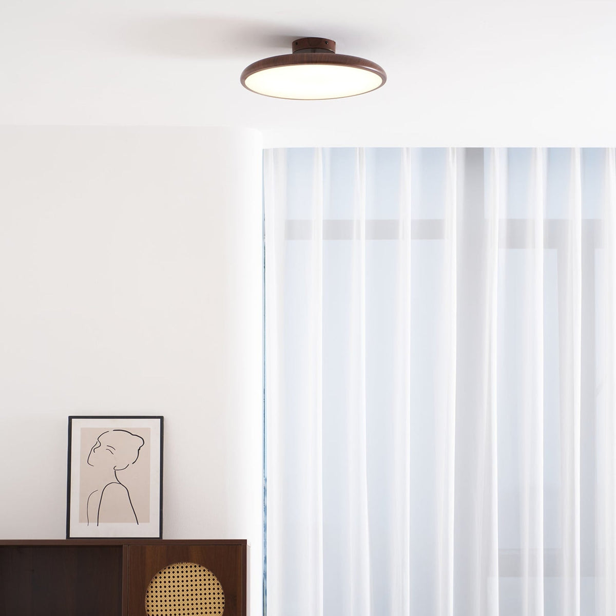 Scandinavian Wood-Effect Flush Mount Ceiling Light With Tri-Color Glow