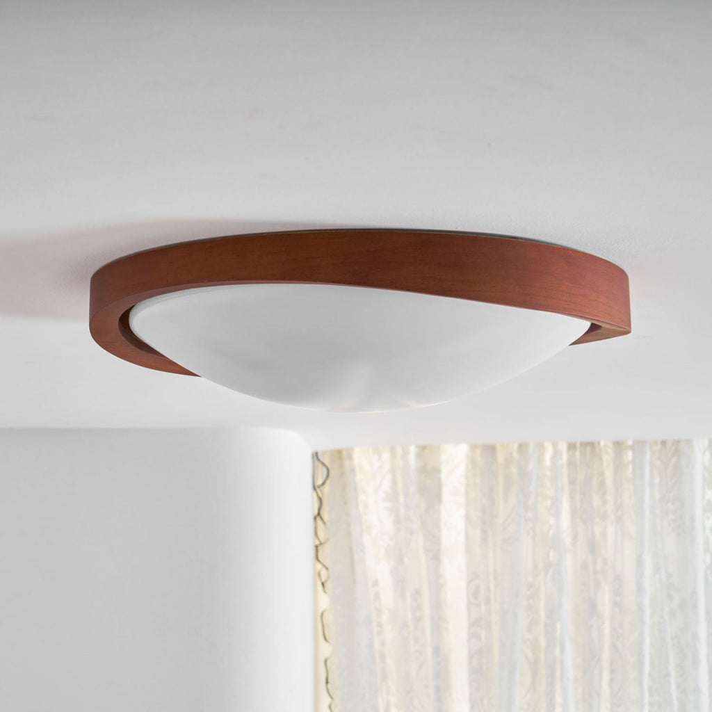 Modern Wood-Effect Fabric Flush Mount Ceiling Light With Tri-Color Glow