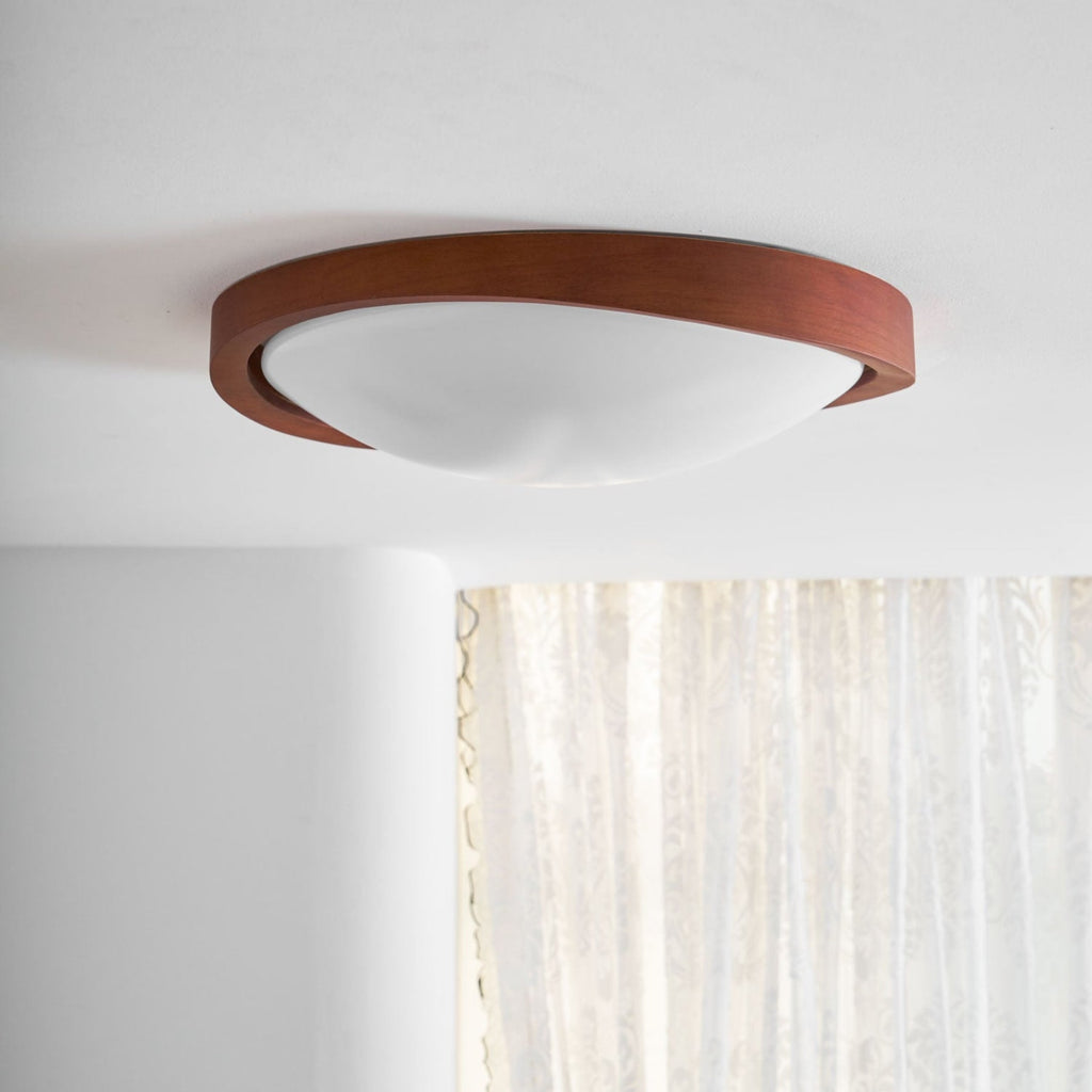 Modern Wood-Effect Fabric Flush Mount Ceiling Light With Tri-Color Glow