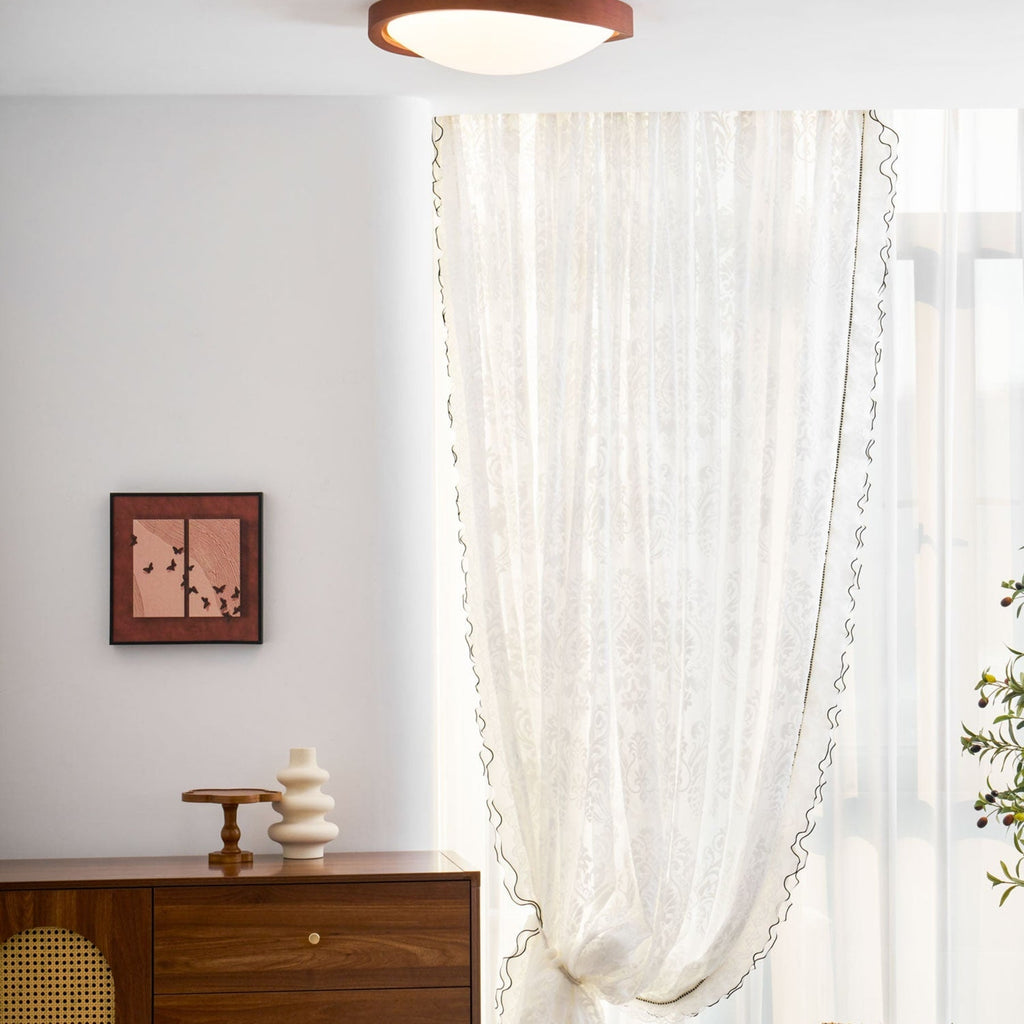Modern Wood-Effect Fabric Flush Mount Ceiling Light With Tri-Color Glow