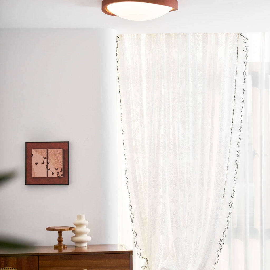 Modern Wood-Effect Fabric Flush Mount Ceiling Light With Tri-Color Glow