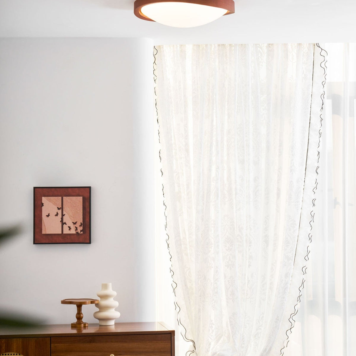 Modern Wood-Effect Fabric Flush Mount Ceiling Light With Tri-Color Glow