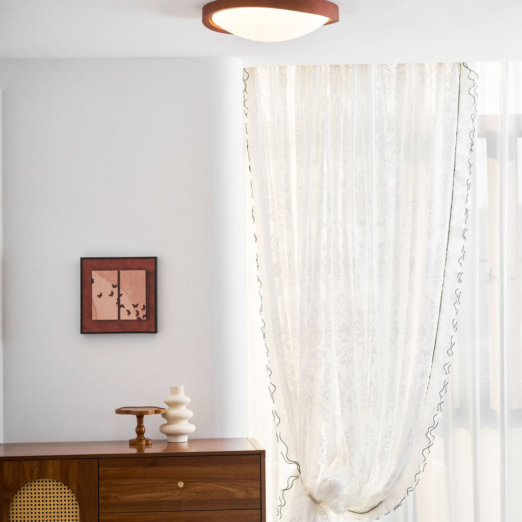 Modern Wood-Effect Fabric Flush Mount Ceiling Light With Tri-Color Glow