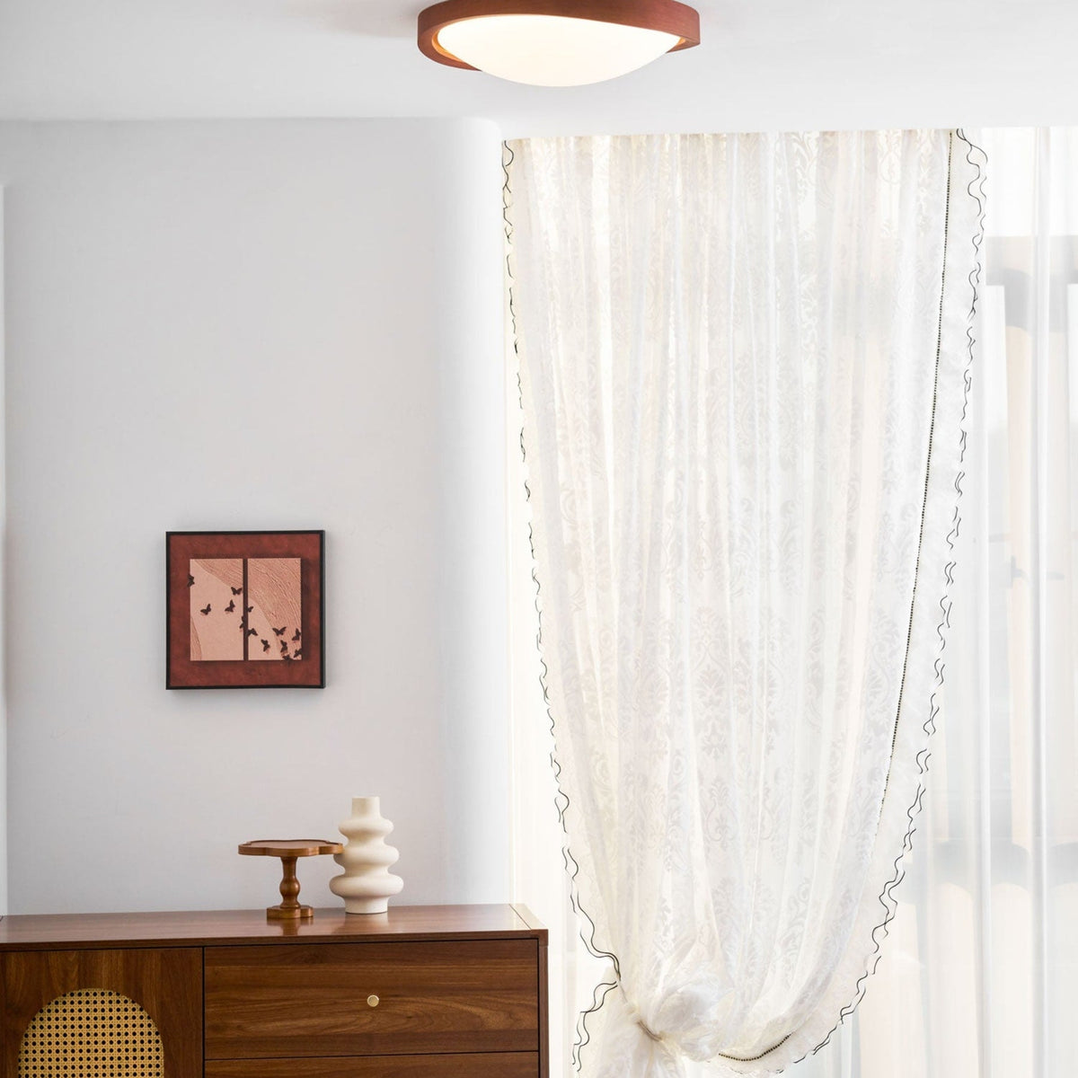Modern Wood-Effect Fabric Flush Mount Ceiling Light With Tri-Color Glow