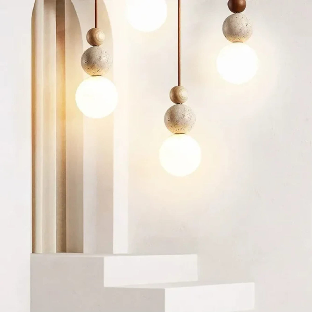 Minimalist Travertine and Wood Pendant Light for Dining Rooms