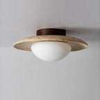 Modern Travertine and Wood Semi-Flush Ceiling Light With Warm LED Glow