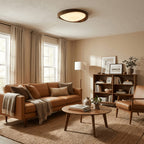 Modern Wood-Effect Fabric Flush Mount Ceiling Light With Tri-Color Glow