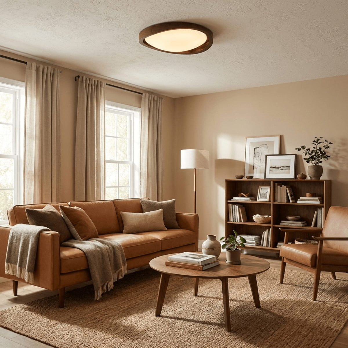 Modern Wood-Effect Fabric Flush Mount Ceiling Light With Tri-Color Glow