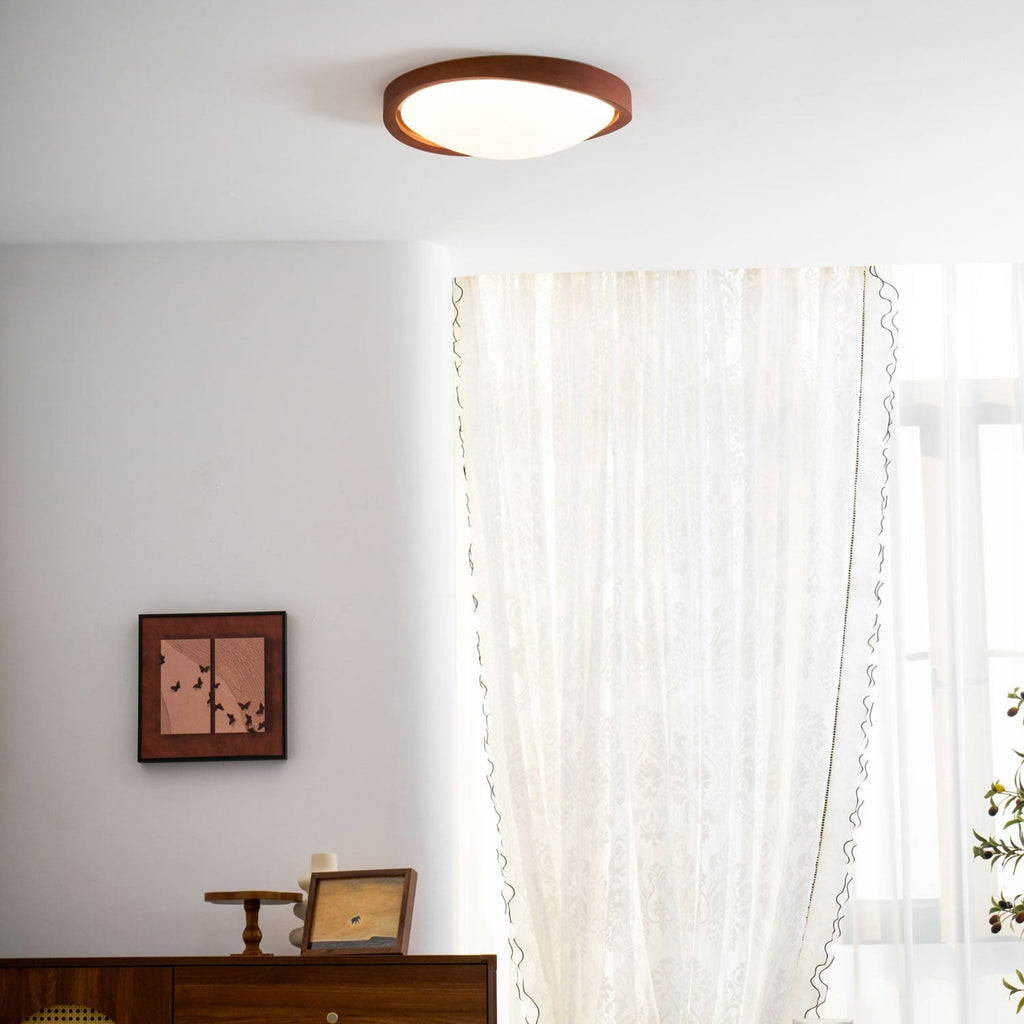 Modern Wood-Effect Fabric Flush Mount Ceiling Light With Tri-Color Glow