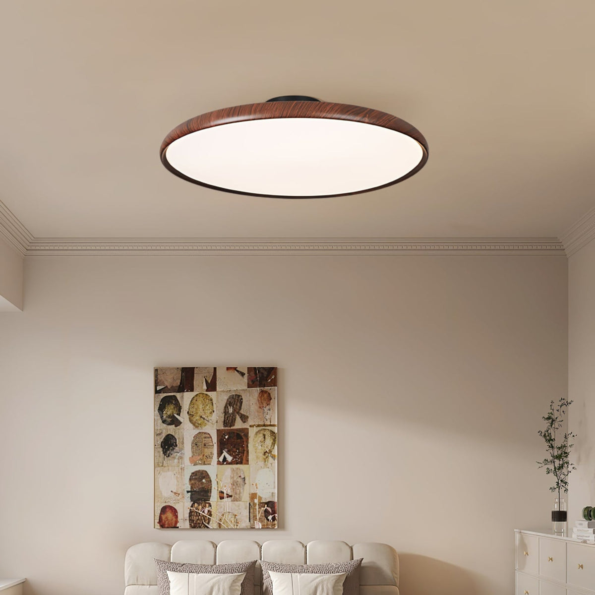 Scandinavian Wood-Effect Flush Mount Ceiling Light With Tri-Color Glow