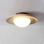 Modern Travertine and Wood Semi-Flush Ceiling Light With Warm LED Glow