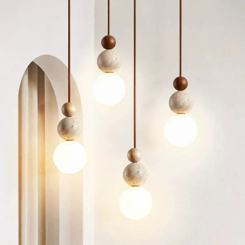 Minimalist Travertine and Wood Pendant Light for Dining Rooms