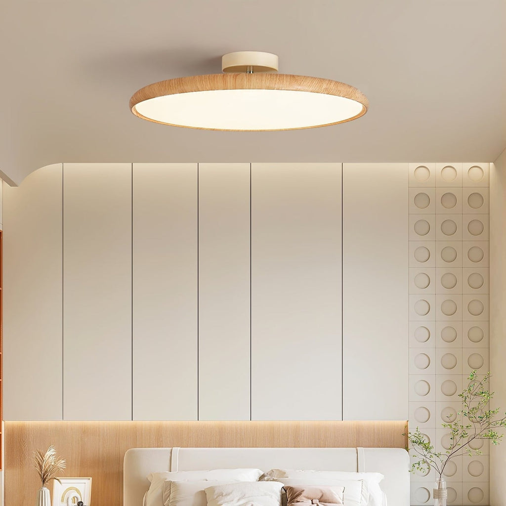 Scandinavian Wood-Effect Flush Mount Ceiling Light With Tri-Color Glow
