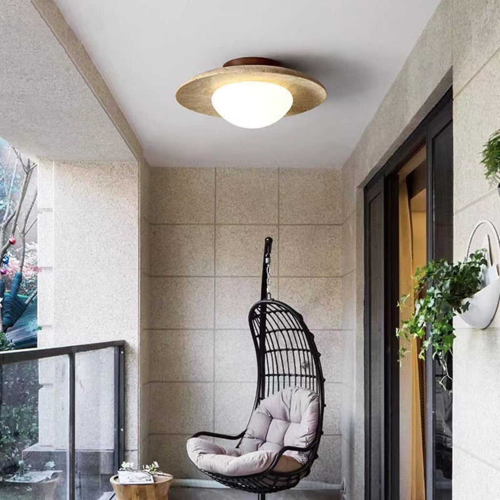 Modern Travertine and Wood Semi-Flush Ceiling Light With Warm LED Glow