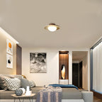 Modern Travertine and Wood Semi-Flush Ceiling Light With Warm LED Glow