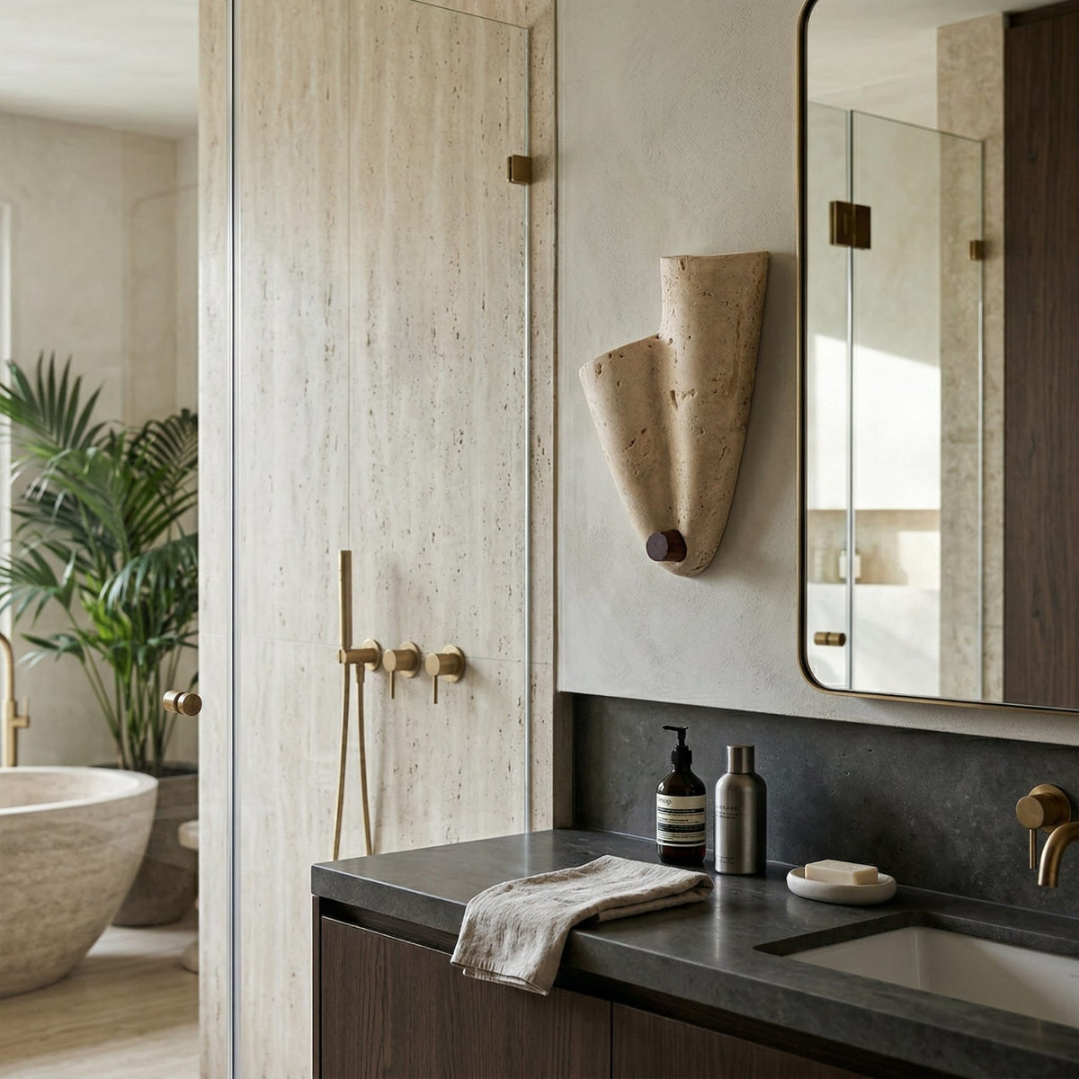 Modern Travertine Wall Sconce With Warm LED Glow