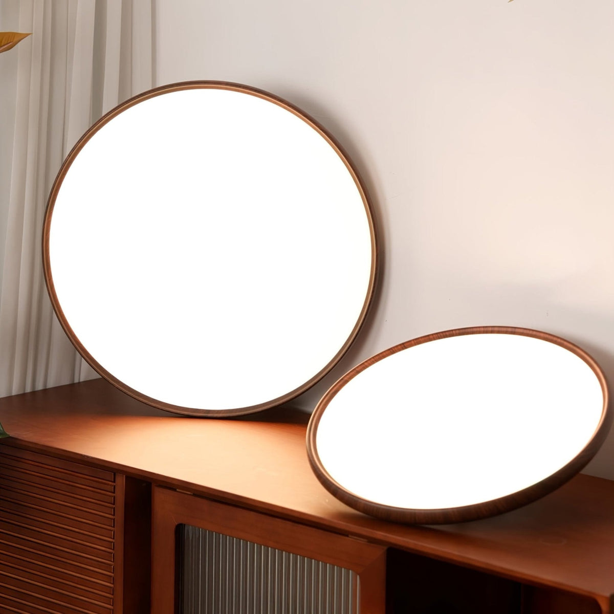 Scandinavian Wood-Effect Flush Mount Ceiling Light With Tri-Color Glow