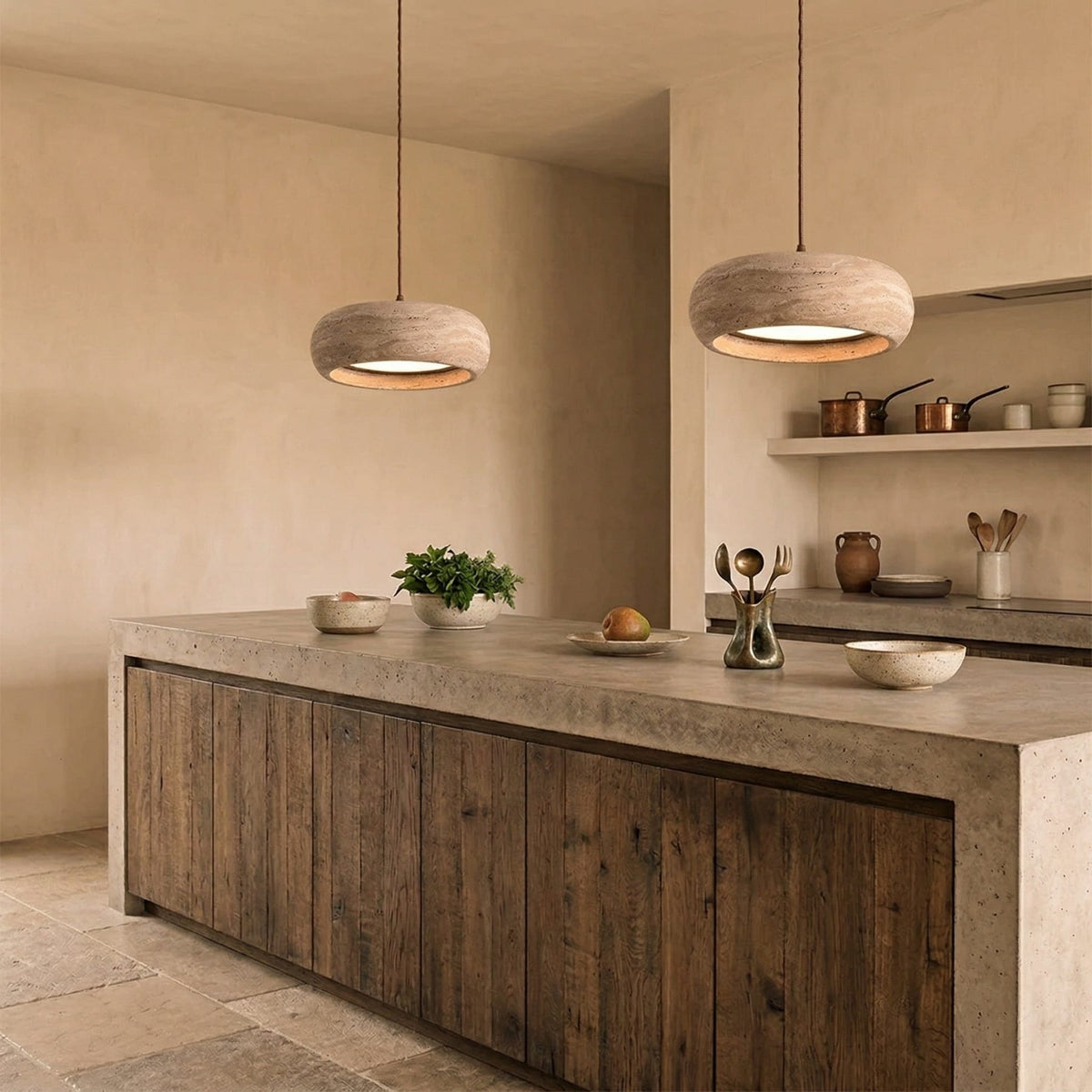 Modern Travertine Stone Pendant Light With Dimmable Remote Control