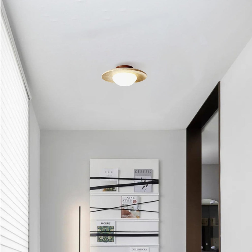 Modern Travertine and Wood Semi-Flush Ceiling Light With Warm LED Glow