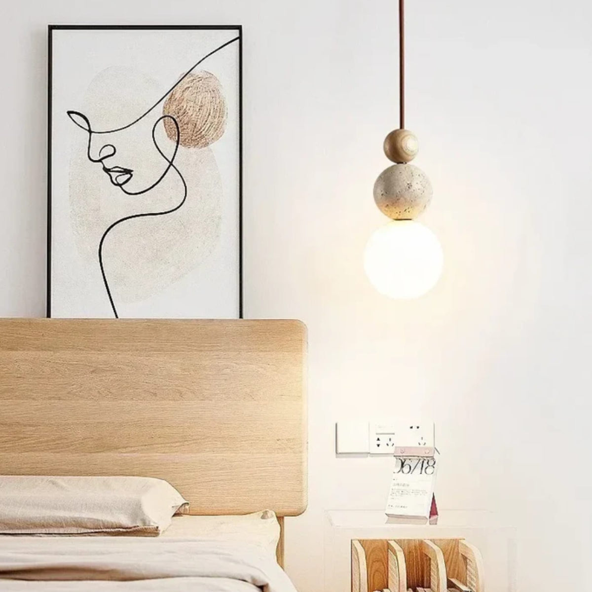 Minimalist Travertine and Wood Pendant Light for Dining Rooms