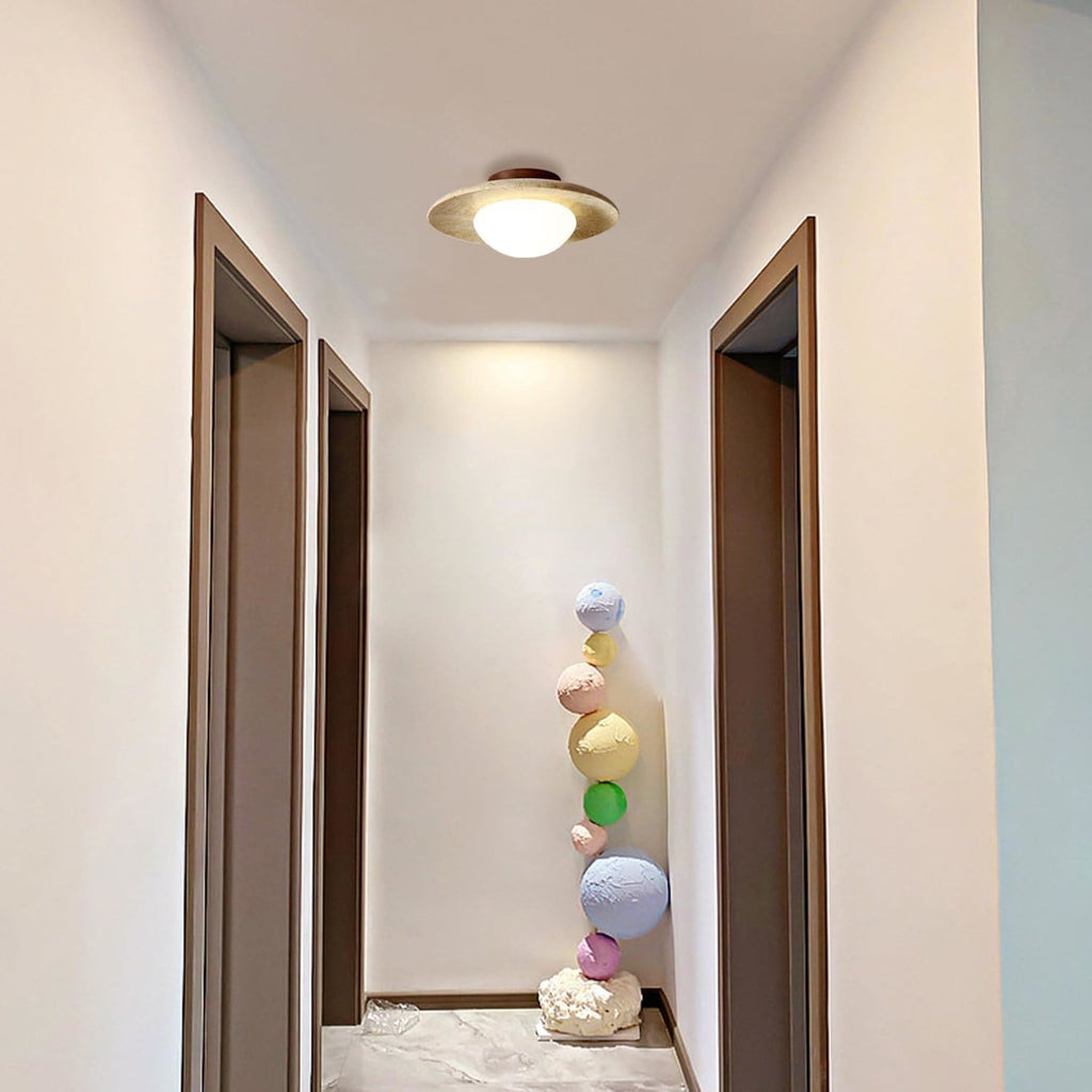 Modern Travertine and Wood Semi-Flush Ceiling Light With Warm LED Glow