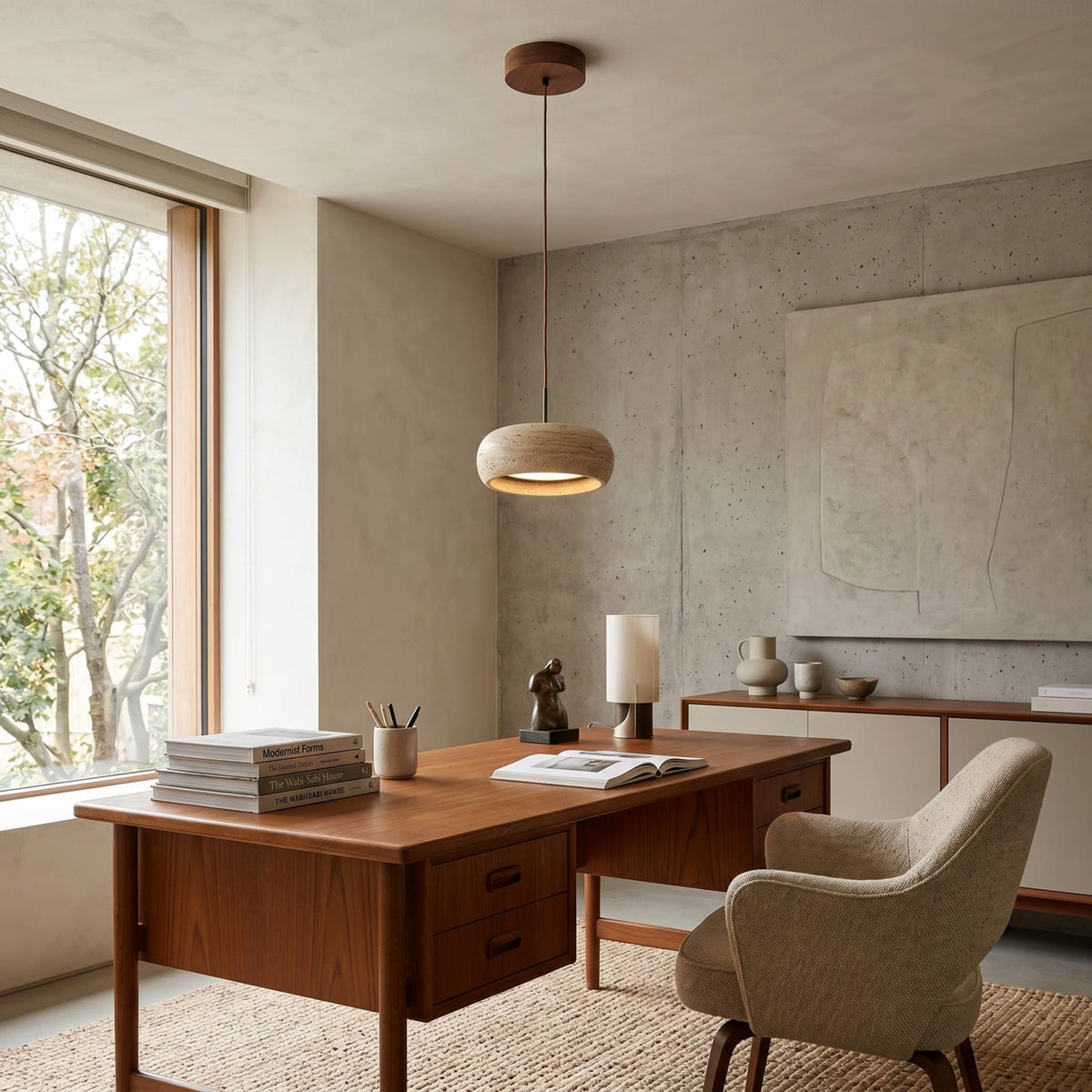 Modern Travertine Stone Pendant Light With Dimmable Remote Control