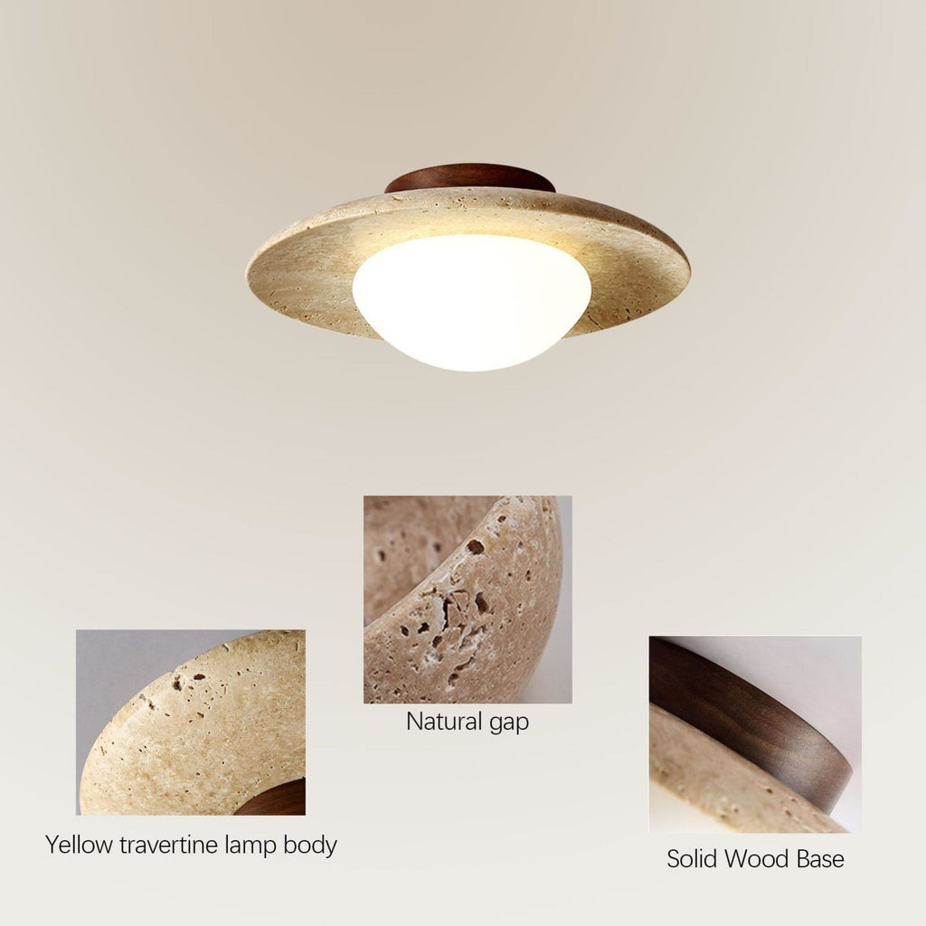 Modern Travertine and Wood Semi-Flush Ceiling Light With Warm LED Glow