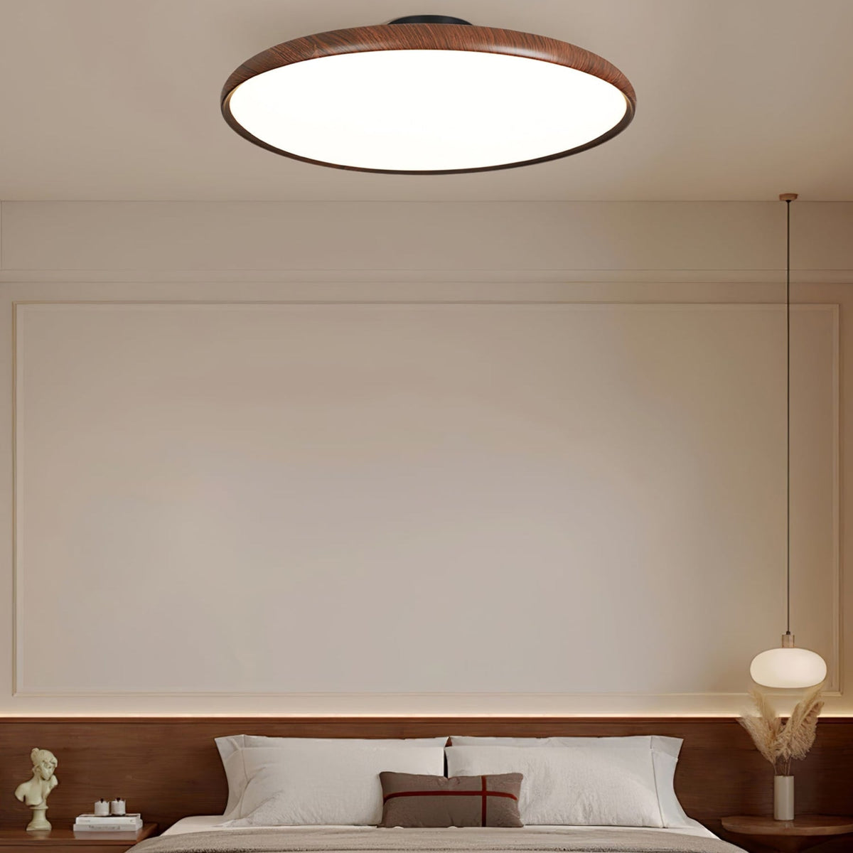 Scandinavian Wood-Effect Flush Mount Ceiling Light With Tri-Color Glow