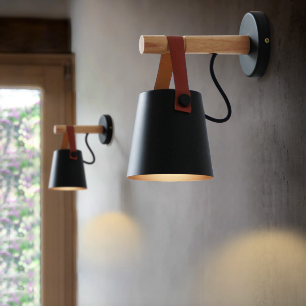 Wood Bar Hanging Shade Wall Sconce With Strap LED Light
