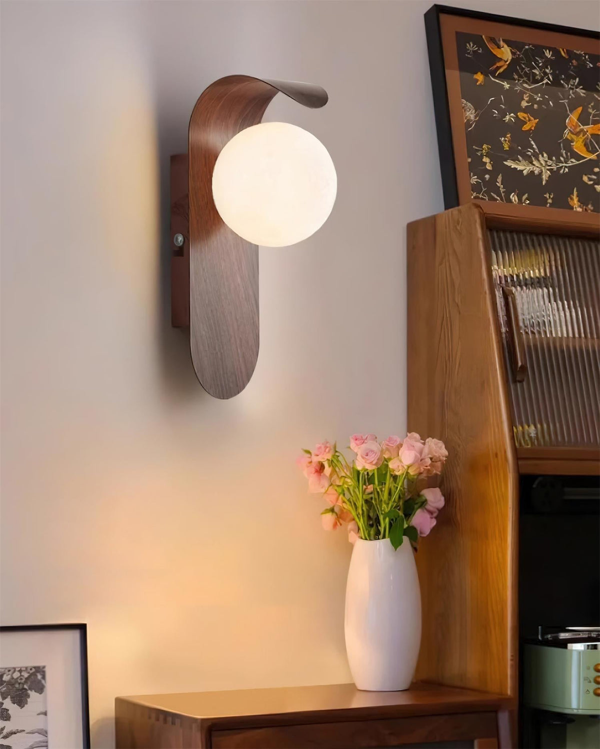 Wood Wall Sconce With Opal Globe Shade