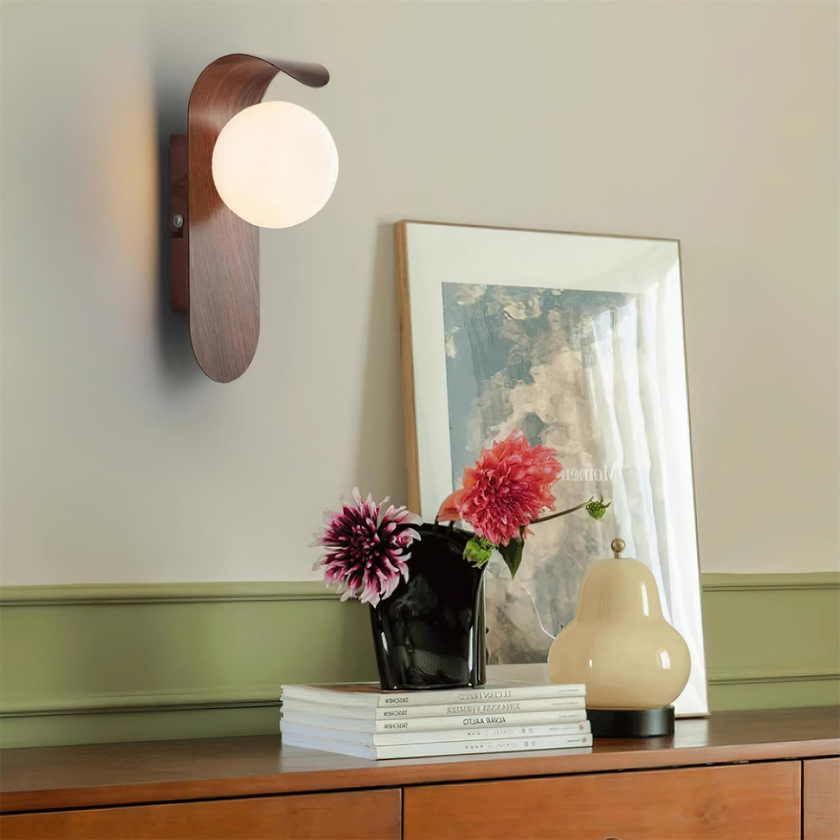 Wood Wall Sconce With Opal Globe Shade
