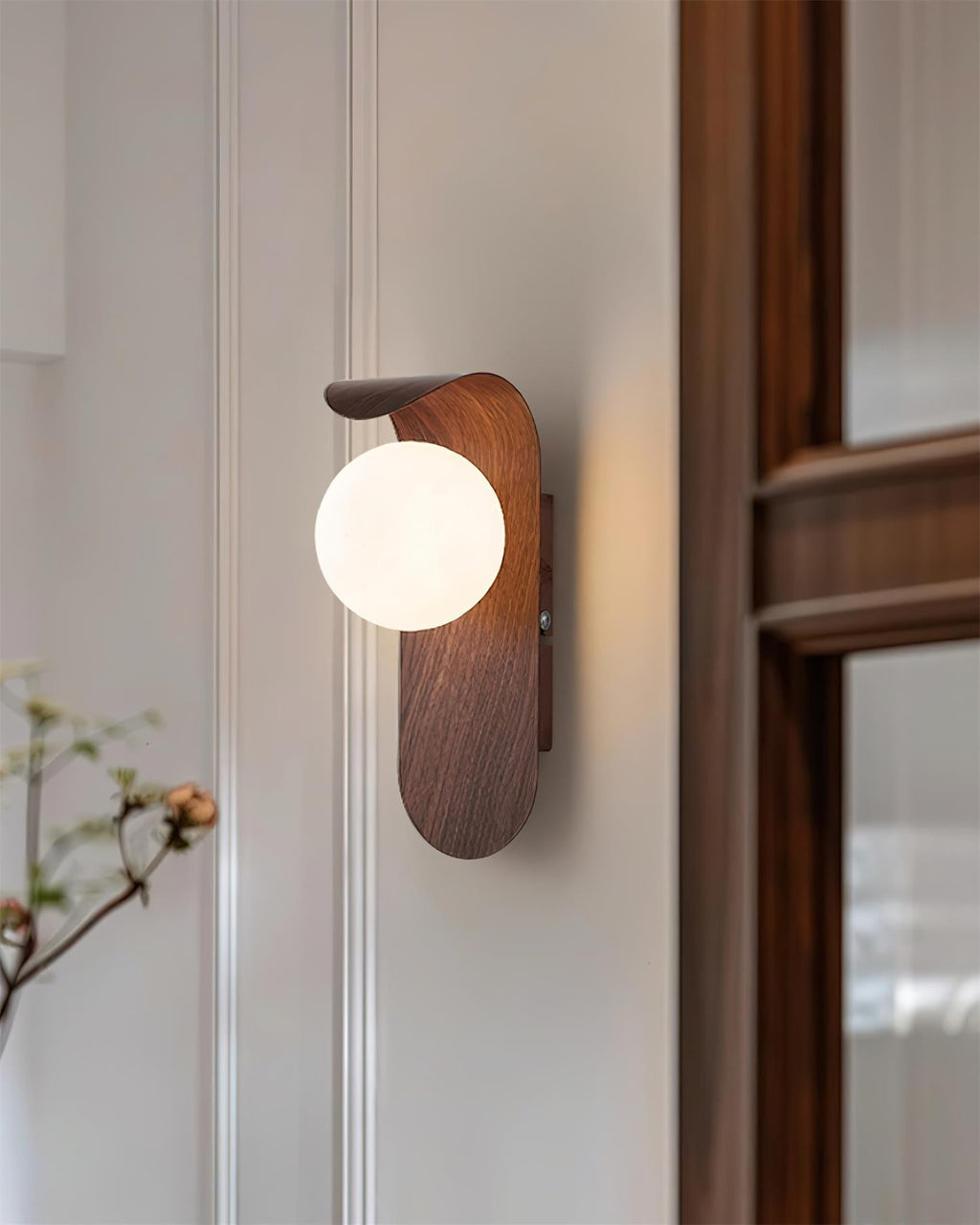 Wood Wall Sconce With Opal Globe Shade