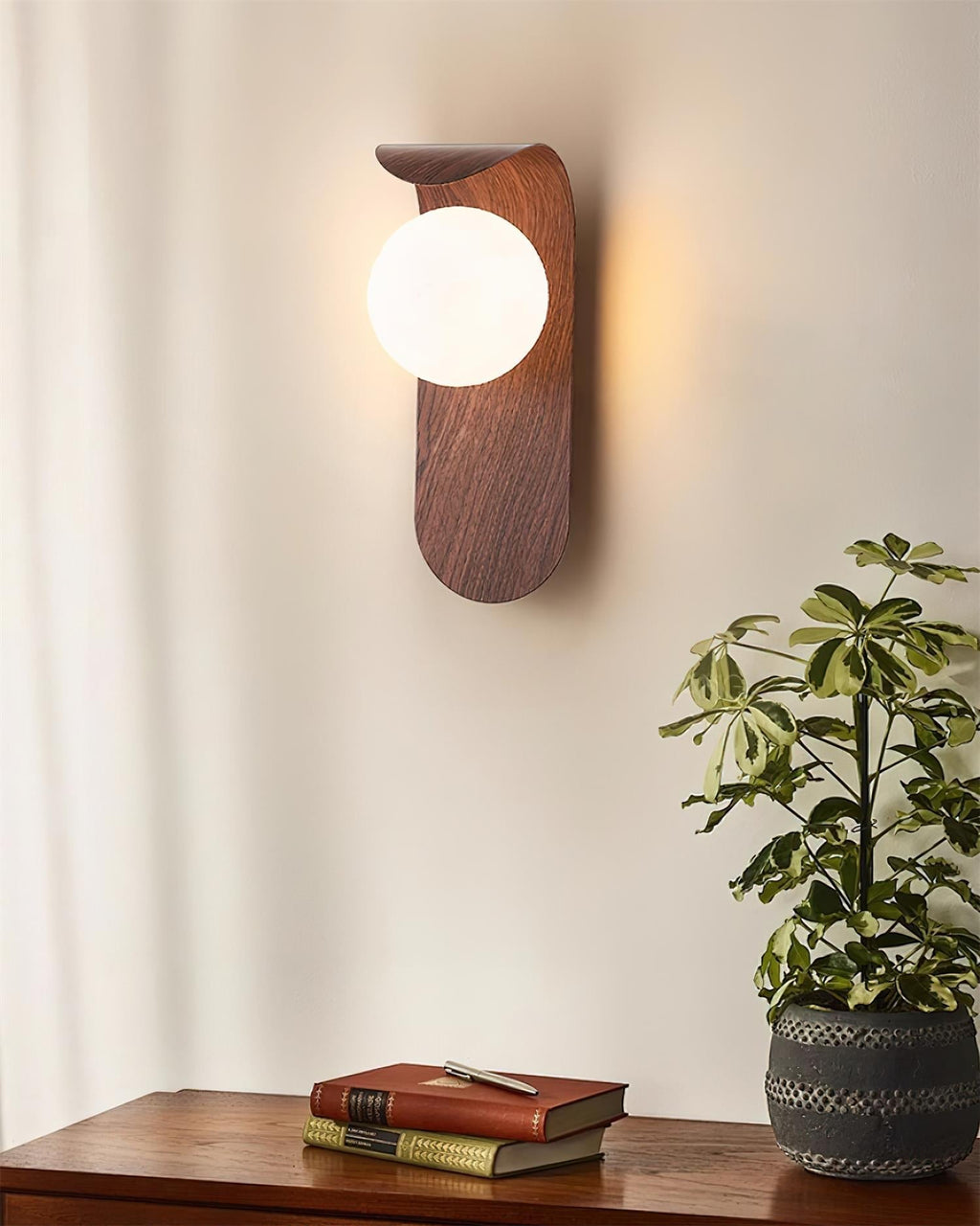 Wood Wall Sconce With Opal Globe Shade
