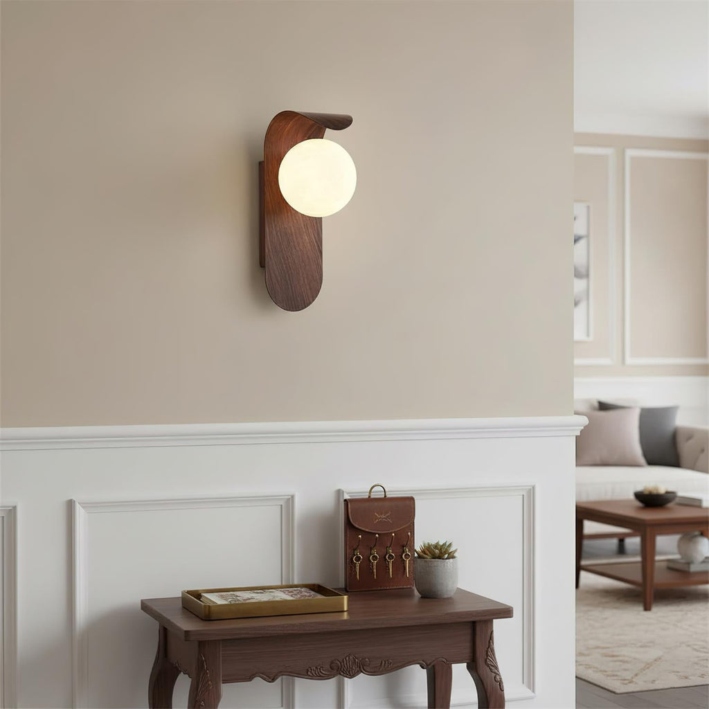 Wood Wall Sconce With Opal Globe Shade