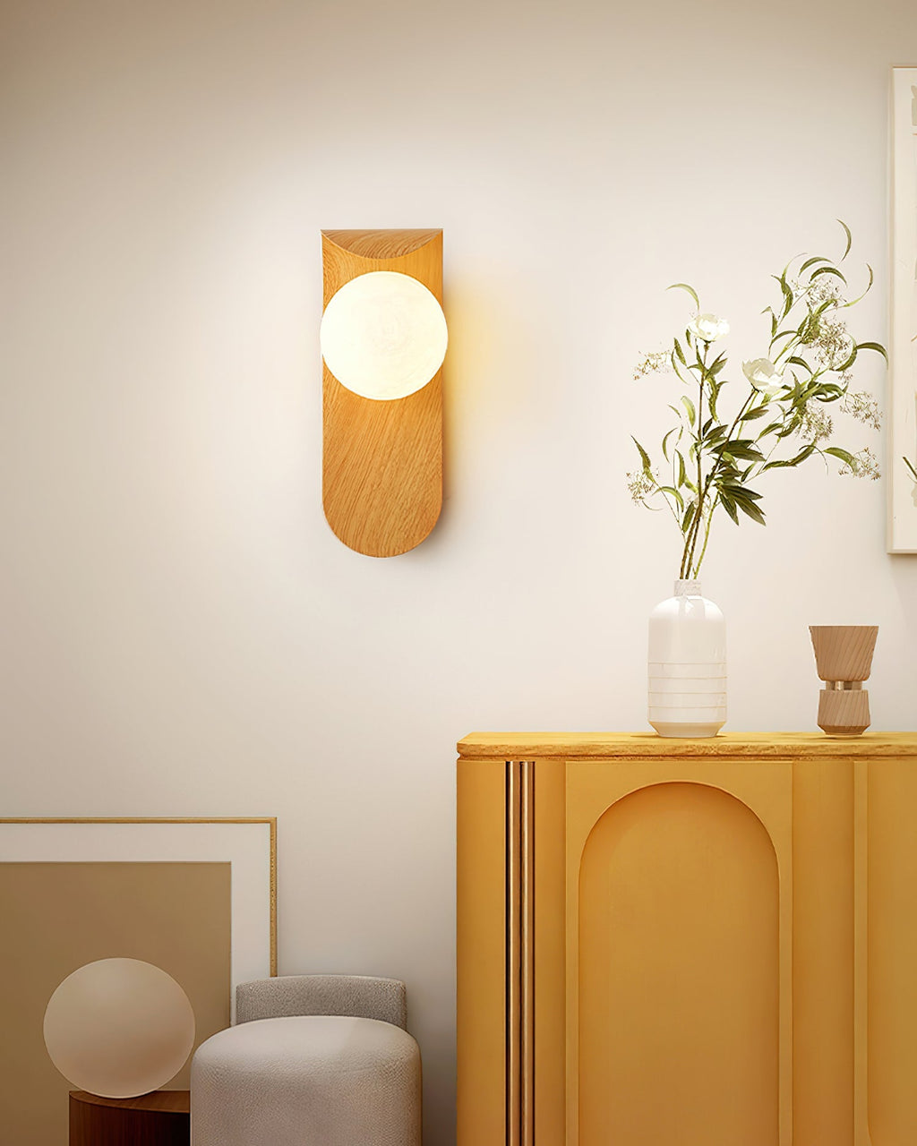 Wood Wall Sconce With Opal Globe Shade