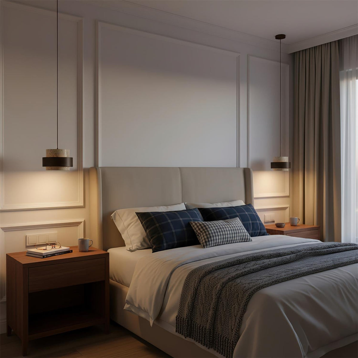 Travertine And Wood Drum Pendant Lights With Downlight