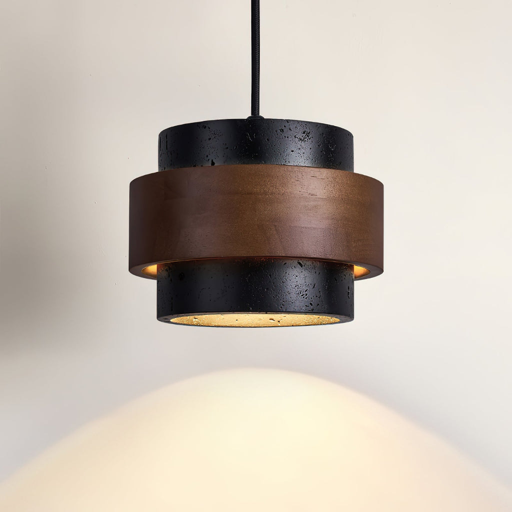 Travertine And Wood Drum Pendant Lights With Downlight