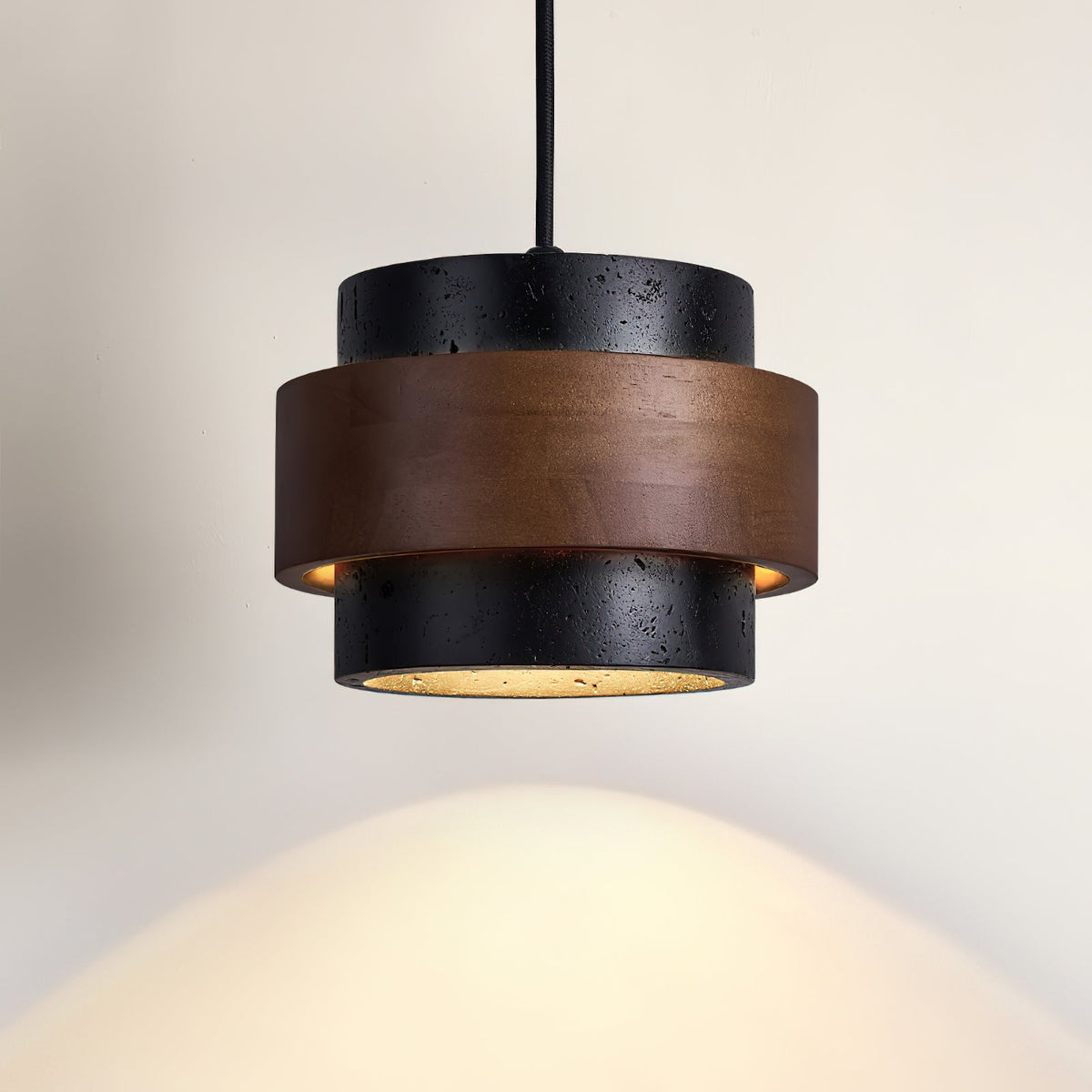 Travertine And Wood Drum Pendant Lights With Downlight