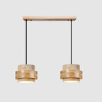 Travertine And Wood Drum Pendant Lights With Downlight